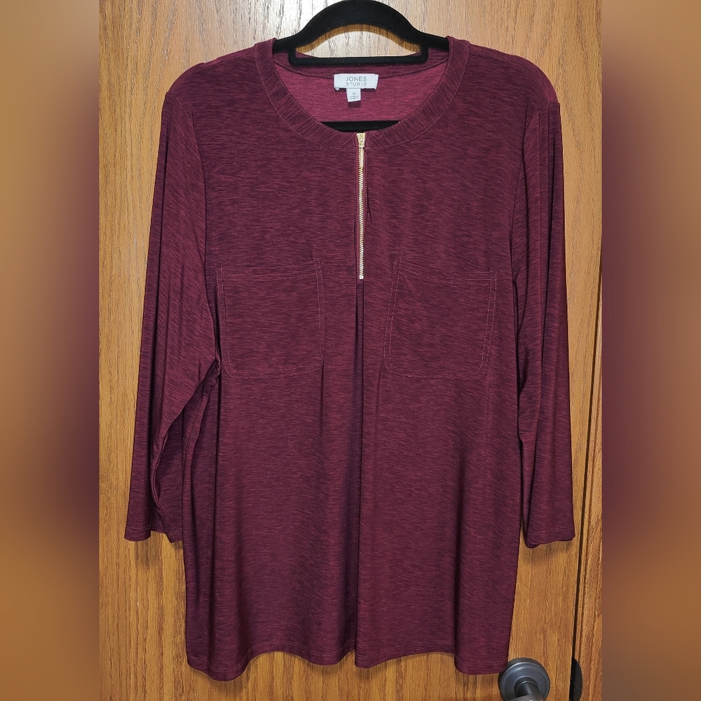 Women's Jones Studio Red Wine 3/4 Sleeve Blouse Top, 1X